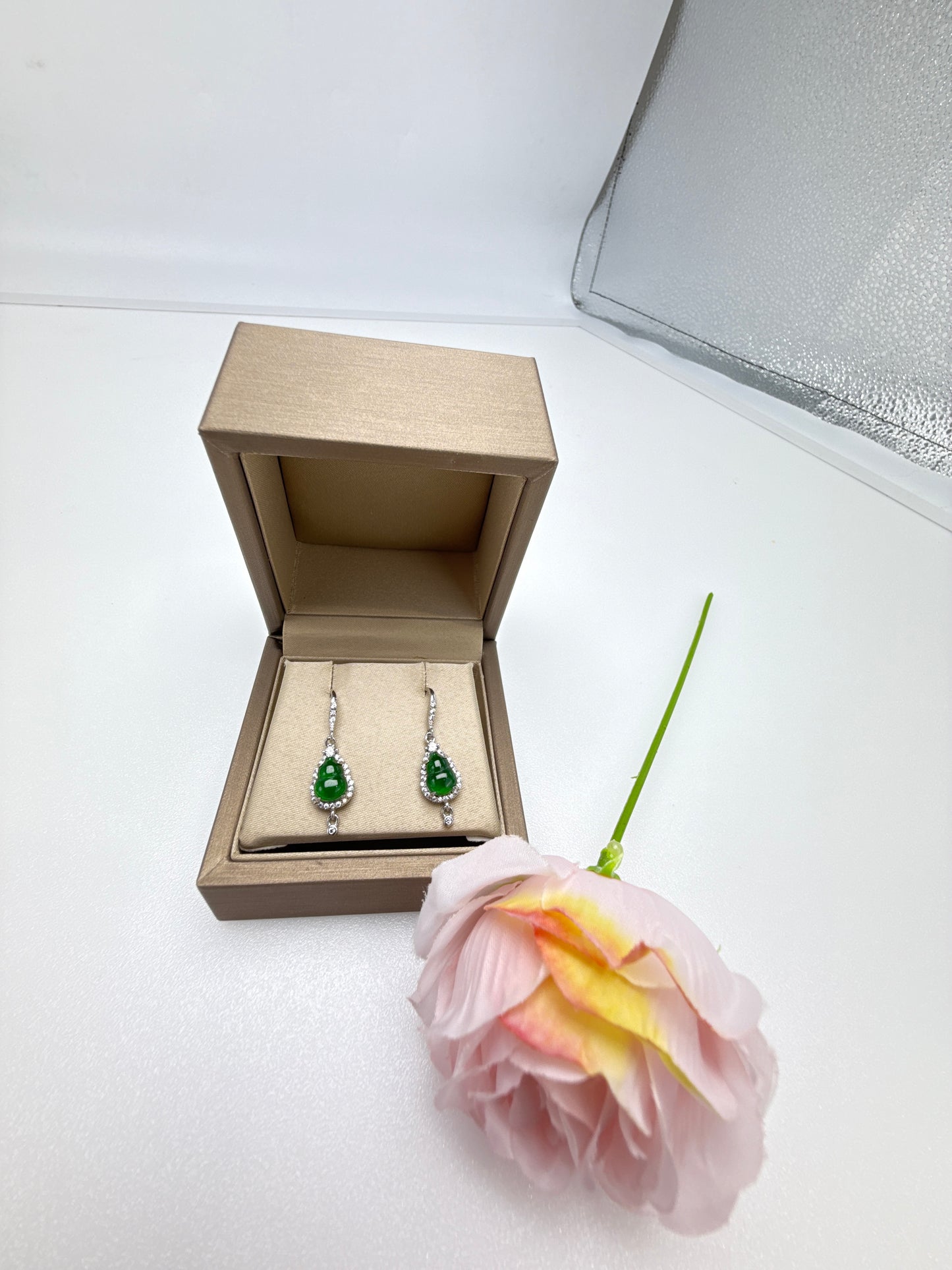 Natural Grade A Elegant Jadeite Jade HuLu Earrings with Sparkling Accents