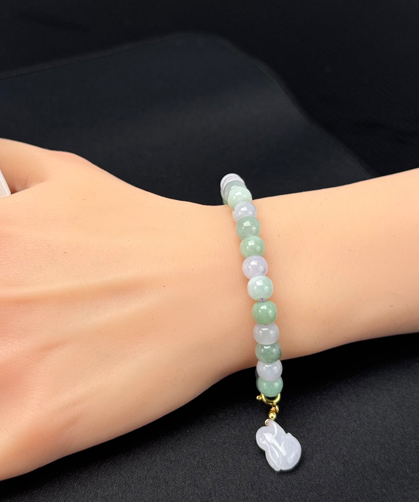 Natural Grade A Jadeite Bead Bracelet with Rabbit Charm