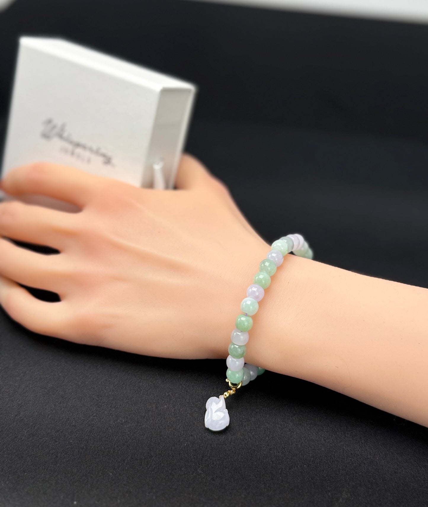 Natural Grade A Jadeite Bead Bracelet with Rabbit Charm