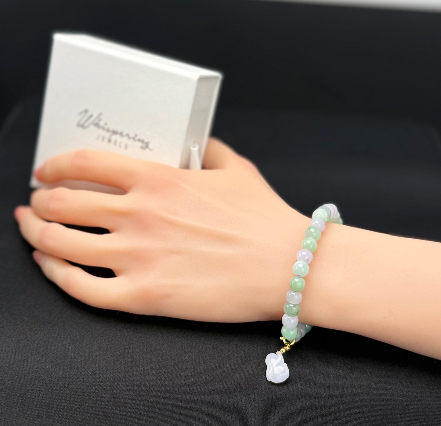 Natural Grade A Jadeite Bead Bracelet with Rabbit Charm