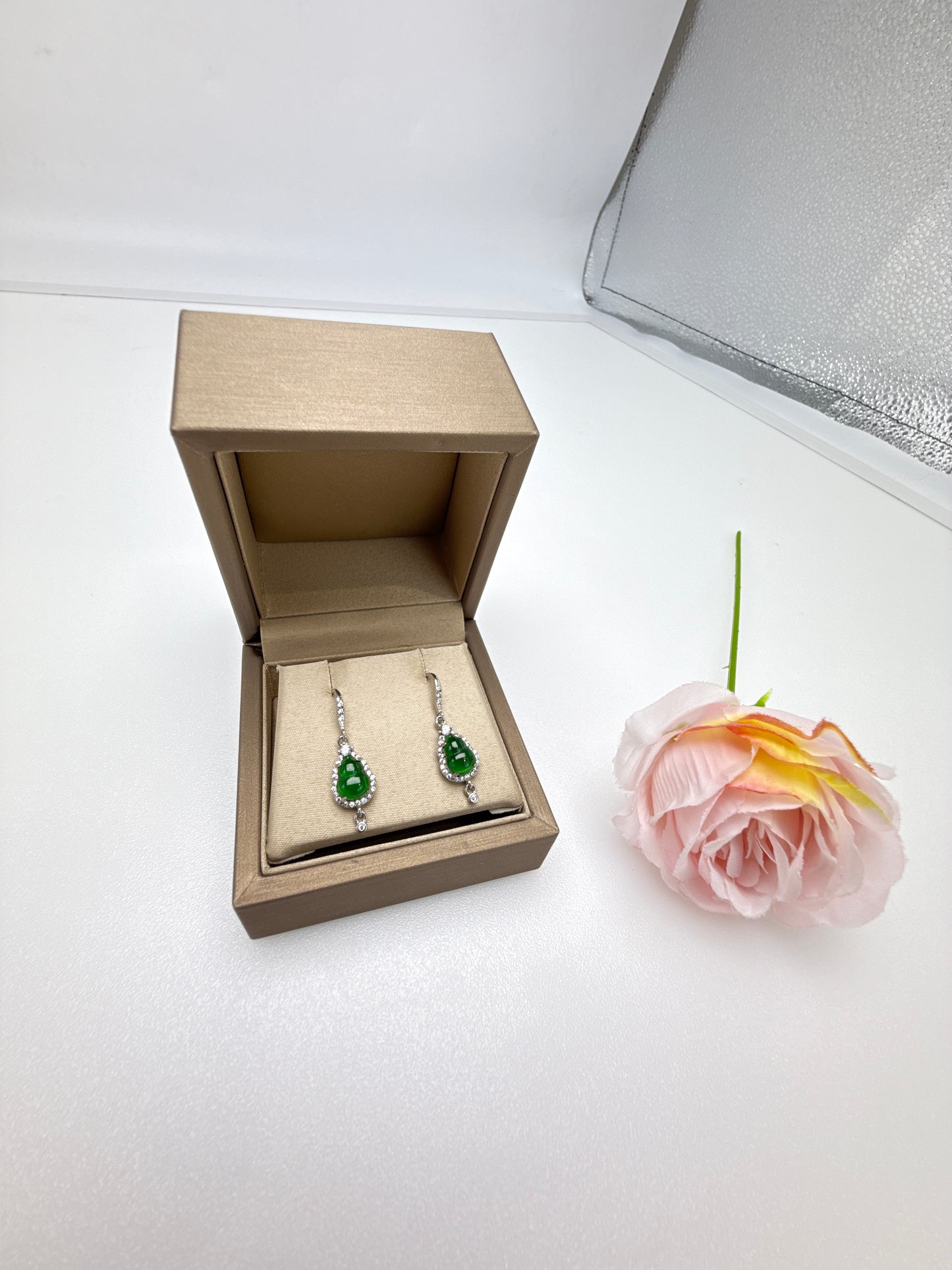 Natural Grade A Elegant Jadeite Jade HuLu Earrings with Sparkling Accents