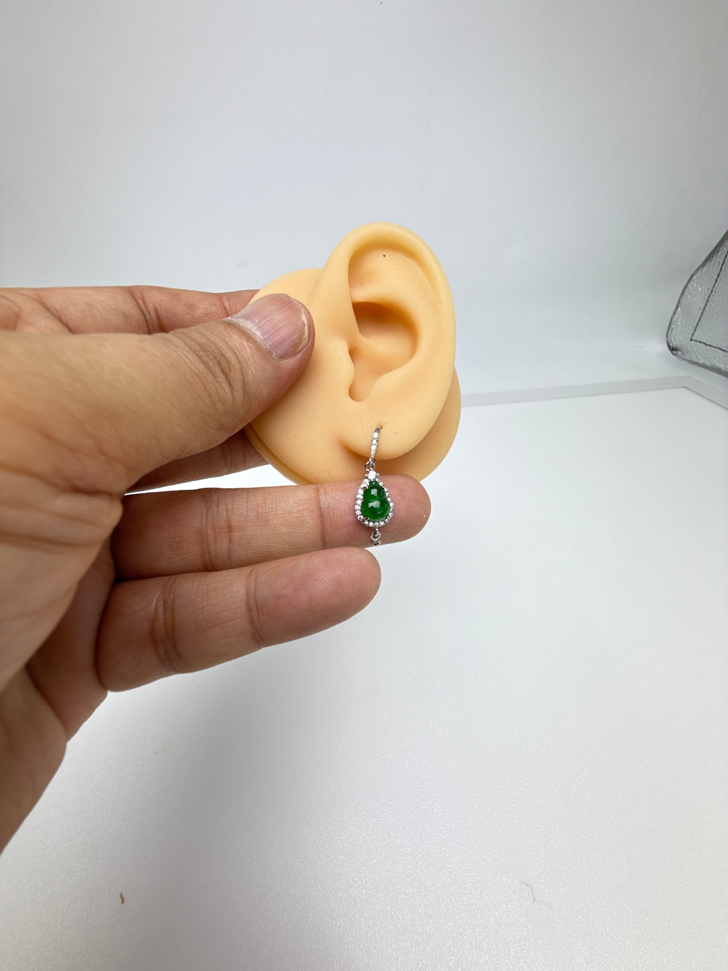Natural Grade A Elegant Jadeite Jade HuLu Earrings with Sparkling Accents